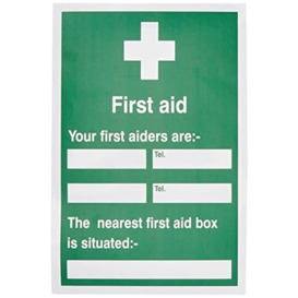 Seco First Aid - Your First Aiders are/The Nearest First Aid Box is Situated Sign, 200mm x 300mm - Self Adhesive Vinyl
