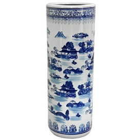 "Red Lantern ORIENTAL Furniture 24"" Landscape Blue & White Porcelain Umbrella Stand"