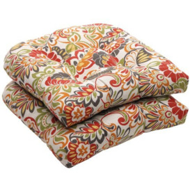 "Pillow Perfect Bright Floral Outdoor Wicker Patio Seat Cushion, Reversible, Weather, and Fade Resistant, Round Corner - 19"" x 19"", Green/Red Zoe, 2 Count"