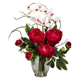 Nearly Natural 1175-RD Peony and Orchid Silk Flower Arrangement, Red
