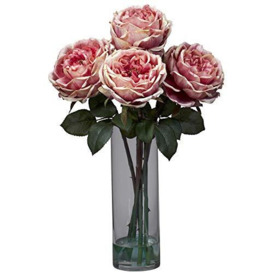 Nearly Natural 1247-PK Fancy Rose with Cylinder Vase Silk Flower Arrangement, Pink