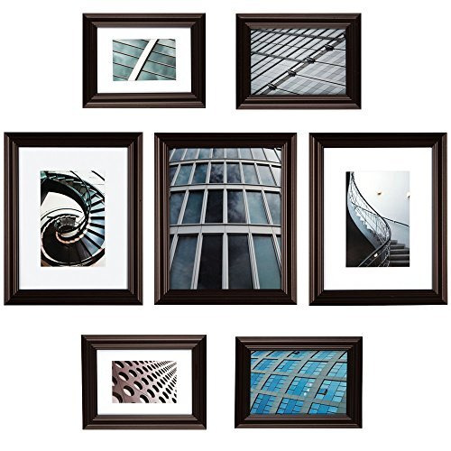 Gallery Perfect 7 Piece Walnut Photo Frame Gallery Wall Kit with Decorative Art Prints & Hanging Template