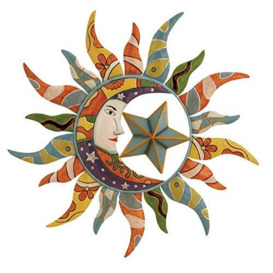 "Deco 79 Metal Sun and Moon Indoor Outdoor Wall Decor with Abstract Patterns, 25"" x 1"" x 25"", Multi Colored"
