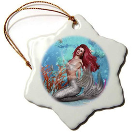 3dRose Magic Mermaid Sits on Seabed Silver Fish Swim Around Snowflake Ornament, Multi-Colour, 3-Inch