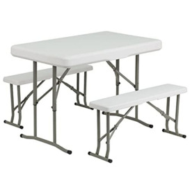 "Flash Furniture 3 Piece Portable Plastic Folding Bench and Table Set, Granite White, 25.5"" W x 41"" L x 28.5"" H"