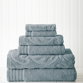 Modern Threads 6-Piece, 2 Bath Towels, 2 Hand Towels, 2 Washcloths, Medallion Jacquard/Solid Ultra Soft 550GSM 100% Combed Cotton Towel Set Sterling Blue