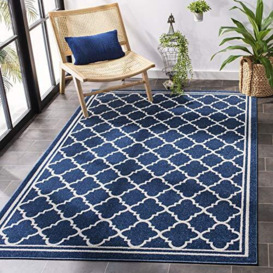 SAFAVIEH Moroccan Trellis Rug for Indoor & Outdoor - Amherst Collection, Short Pile, in Navy and Beige color, 91 X 152 cm