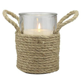 "Stonebriar Nautical Rope Wrapped Pillar Candle Holder with Rope Handles, Coastal Home Decor, Decorative Piece for Living Room, Dining Room, Bathroom, and Bedroom, Tall,Tan,6 """