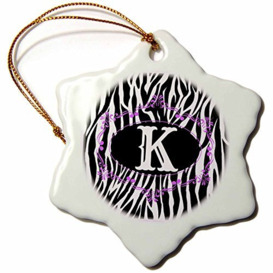 3dRose Monogram with K Initial Zebra Print with Hot Pink Design Snowflake Ornament, Porcelain, Multi-Colour, 3-Inch