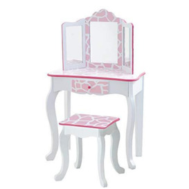 Fantasy Fields Gisele Girls Dressing Table with Mirror and Stool, Kids Vanity Table, Makeup Table, Age 3 Years+, Tri-Fold Mirror, Pink Giraffe Print