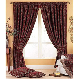 Shiraz Pencil Pleat Curtains (Pair) - Burgundy Red and Gold - Damask Jacquard Tapestry, 168cm x 183cm