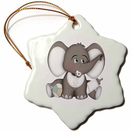 3dRose Cute Gray and White Baby Elephant with a Pacifier, Bib, and Bottle Snowflake Ornament, Multi-Colour, 3-Inch