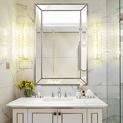 "Head West Metro Beaded Champagne Silver Vanity Mirror - Beveled Vintage Accent Decorative Mirrors for Wall Decor, Modern Bathroom Mirrors for Over Sink, Bedroom, Entryway, Hallway, Living Room 24""x36"""