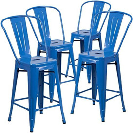 "Flash Furniture Commercial Grade 4 Pack 24"" High Metal Indoor-Outdoor Counter Height Stool with Back, Plastic, Galvanized Steel, Blue, Set of 4"