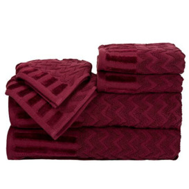 "Lavish Home 6-Piece Cotton Deluxe Plush Bath Towel Set – Chevron Pattern Plush Sculpted Spa Luxury Decorative Body, Hand and Face Towels (Burgundy), 27""x54""x0.25"""