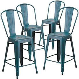 Flash Furniture 4 Pk. 24'' High Distressed Kelly Blue-Teal Metal Indoor-Outdoor Counter Height Stool with Back