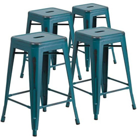 "Flash Furniture Commercial Grade 4 Pack 24"" High Backless Metal Indoor-Outdoor Counter Height Stool, Plastic, Iron, Distressed Kelly Blue-Teal"