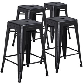 "Flash Furniture Commercial Grade 4 Pack 24"" High Backless Distressed Metal Indoor-Outdoor Counter Height Stool, Plastic, Iron, Black, Set of 4"