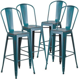 "Flash Furniture Commercial Grade 4 Pack 30"" High Distressed Metal Indoor-Outdoor Barstool with Back, Kelly Blue-Teal, Set of 4"