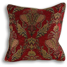 "Shiraz Large Square Cushion Cover - Burgundy Red - Embroidered Damask Jacquard - Gold Piped Edges - Reversible - Zip Closure - 100% Polyester - 58 x 58cm (23"" x 23"" inches) - Made by Riva Paoletti"
