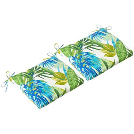 "Pillow Perfect Tropic Floral Indoor/Outdoor Square Corner Chair Seat Cushion with Ties, Plush Fiber Fill, Weather, and Fade Resistant, 16"" x 18.5"", Blue/Green Soleil, 2 Count"