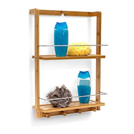 Relaxdays Bamboo Caddy Organiser with 2 Shelves Shower Moisture-Resistant Wood for Kitchen Bathroom Shelf or Spice Rack with 4 Hand Towel Hook, Brown, 15.5x38x53 cm