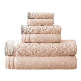 Pacific Coast Textiles Damask Jacquard Towels with Embellished Border, Cotton, Peach, Set of 6
