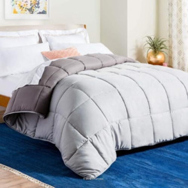 Linenspa All-Season Reversible Down Alternative Quilted Comforter - Corner Duvet Tabs - Hypoallergenic - Plush Microfiber Fill - Box Stitched - Machine Washable - Stone/Charcoal - Full
