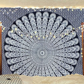 Bless International Indian hippie Bohemian Psychedelic Peacock Mandala Wall hanging Bedding Tapestry (Black White, Queen (84x90Inches)(215x230Cms))