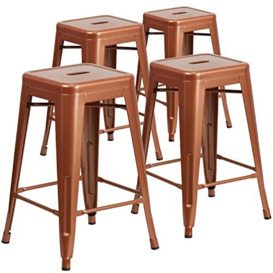 "Flash Furniture Commercial Grade 4 Pack 24"" High Backless Metal Indoor-Outdoor Counter Height Stool with Square Seat, Iron, Plastic, Copper, Set of 4"