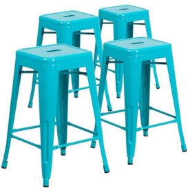 "Flash Furniture Commercial Grade 4 Pack 24"" High Backless Metal Indoor-Outdoor Counter Height Stool with Square Seat, Plastic, Iron, Crystal Teal-Blue, Set of 4"