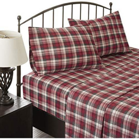 "Woolrich Flannel 100% Cotton Sheet Set Warm Soft Bed Sheets with 14"" Deep Pocket Cabin Lifestyle, Cold Season Cozy Bedding Set, Matching Pillow Case, King, Red Plaid, 4 Piece"