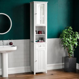 Bath Vida Priano Tall Mirrored Bathroom Cabinet Storage Cupboard Floor Standing Tallboy Unit, White