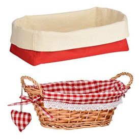 Premier Housewares Oval Willow Basket with Gingham Lining - Red with Bread Basket, 17 x 33 x 16 cm - Red/Cream