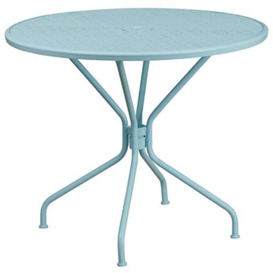 "Flash Furniture Oia Commercial Grade 35.25"" Round Indoor-Outdoor Steel Patio Table with Umbrella Hole, Metal, Sky Blue"