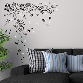 WALPLUS Butterfly Vine & Swarovski Crystals Wall Stickers Nursery Removable Self-Adhesive Mural Art Decals Vinyl Home Decoration DIY Living Bedroom Decor Wallpaper Kids Room Gift Stick on Wall