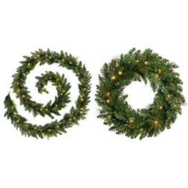 WeRChristmas Pre-Lit Long Garland Illuminated with 52 Warm LED Lights, 12 ft - White with WeRChristmas 60 cm Pre-Lit Wreath Christmas Decoration Illuminated with 20 Warm White LED Lights