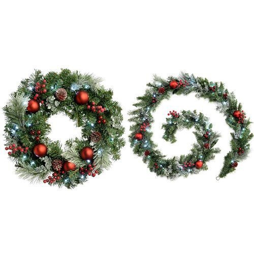 WeRChristmas 60 cm Frosted Decorated Pre-Lit Wreath Illuminated with 20 Cool White LED Lights Christmas Decoration with WeRChristmas Pre-Lit Frosted Decorated Garland Illuminated with 40 Cool White LED Lights, 9 ft