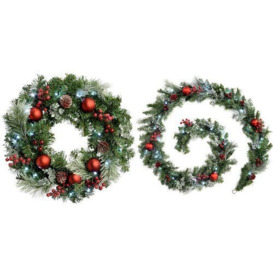 WeRChristmas 60 cm Frosted Decorated Pre-Lit Wreath Illuminated with 20 Cool White LED Lights Christmas Decoration with WeRChristmas Pre-Lit Frosted Decorated Garland Illuminated with 40 Cool White LED Lights, 9 ft