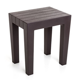 TATAY rectangular stool made of brown textured polypropylene, with a wood effect finish. Anti-UV protection, suitable for indoor and outdoor use. Size 38x29x41m5 cm