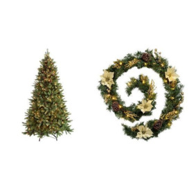 WeRChristmas 6 ft Craford Pine Cone Pre-Lit Multi-Function Christmas Tree with 400 Warm White LED Lights with Pre-Lit Decorated Garland Illuminated with 40 Cold White LED Lights, 9 ft - Gold/Cream