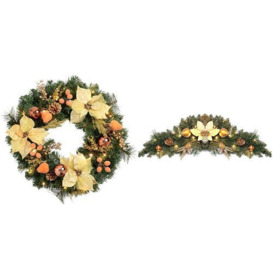 WeRChristmas 60 cm Decorated Pre-Lit Wreath Christmas Decoration Illuminated with 20 Warm White LED Lights with Arch Garland, Copper/ Gold