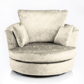 Sofas and More Large Swivel Round Cuddle Chair Fabric Crushed Velvet Designer Scatter Cushions (Cream)