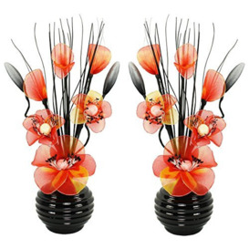 Matching Pair of Black Vases with Orange Artificial Flowers, Ornaments for Living Room, Window Sill, Home Accessories, 32cm