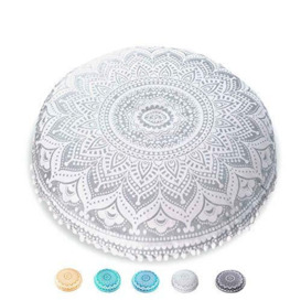 Mandala Life ART Yoga Decor Floor Cushion Cover - Round Medition Pillow Case - Hand Printed Organic Cotton Pouf