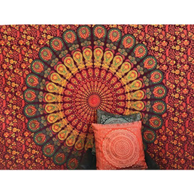 Indian Maroon Yellow Orange Double Queen Throw Hippie Gypsy Cover Bohemian Dorm Deco 100% Cotton Hand Printed Block Print Design Mandala Tapestry Wall Hanging Beach Bedspread Bazzaree UK SELLER