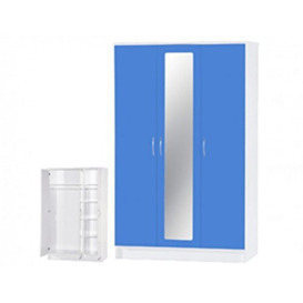 Alpha Blue & White 3 Door Mirrored Wardrobe, MDF Wood and Chipboard, Blue&White, 51.5 x 110 x 180.5 cm