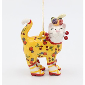 Cosmos Gifts Cat with Cherry Ornament, Ceramic, Yellow, Red, White