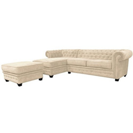 Chesterfield Style Corner Sofa Set 3+2 Seater Armchair Cream Fabric (Left Hand Corner With Footstool)