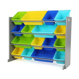 Humble Crew Children's Shelf, Toy Organiser Shelf with 16 Storage Boxes, Grey/Blue/Green/Yellow,39.37 x 106.68 x 76.2 cm